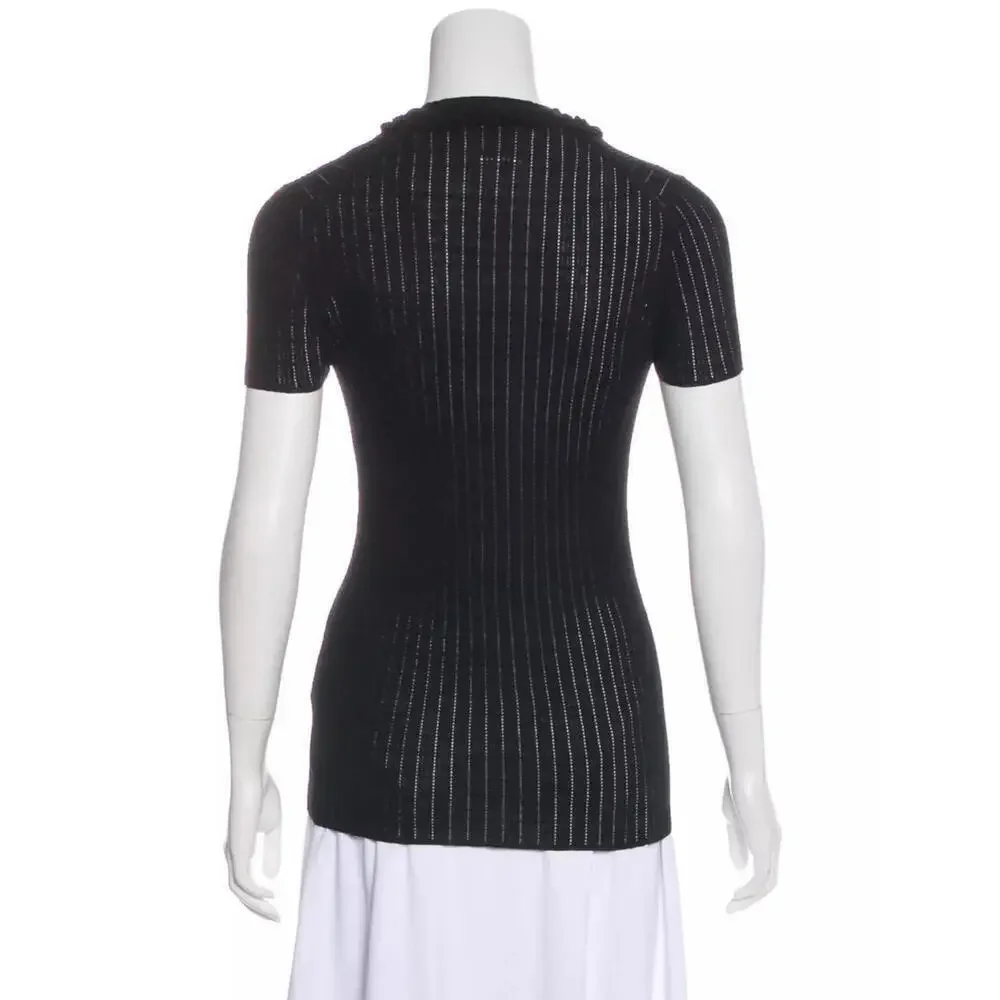 2009 CHANEL 09P Black Rib Knit Top V-Neck Shirt FR-34 US-2 Cotton Short Sleeve